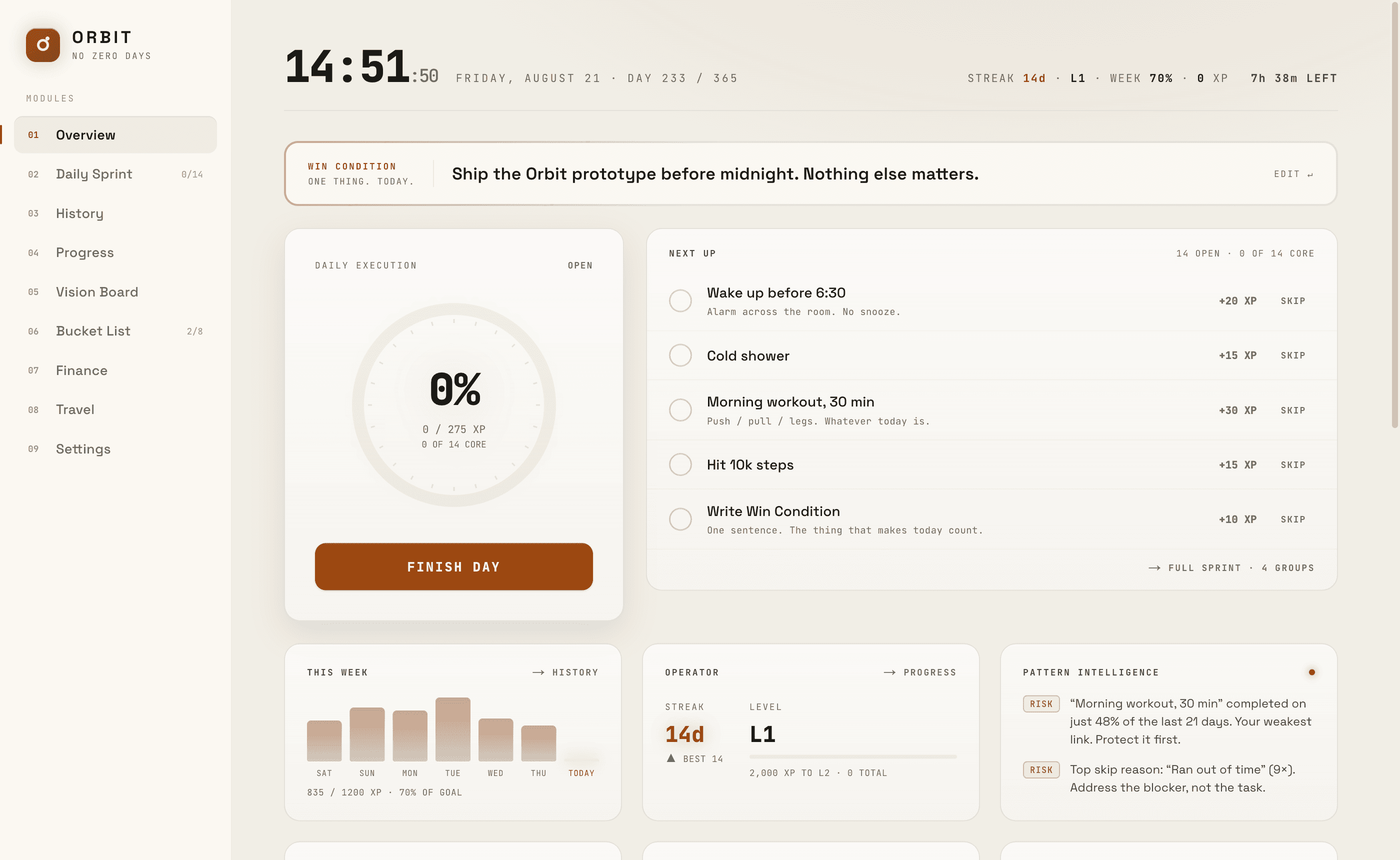 The Orbit overview screen: the daily execution ring, the next habits up, and the week's XP bars on warm paper.